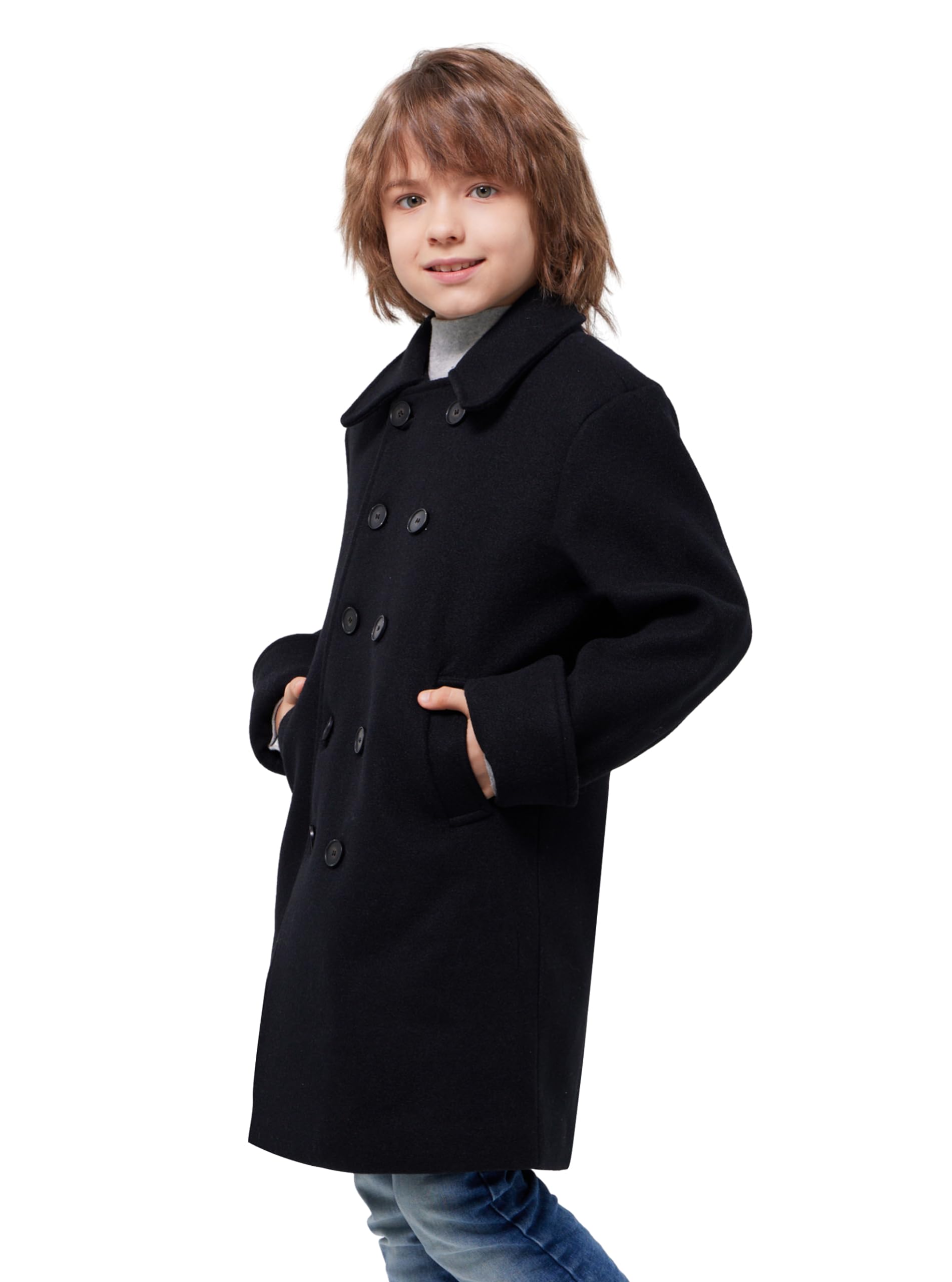 WULFUL Zweireihiger Trenchcoat aus Wolle für Jungen, Wintermantel