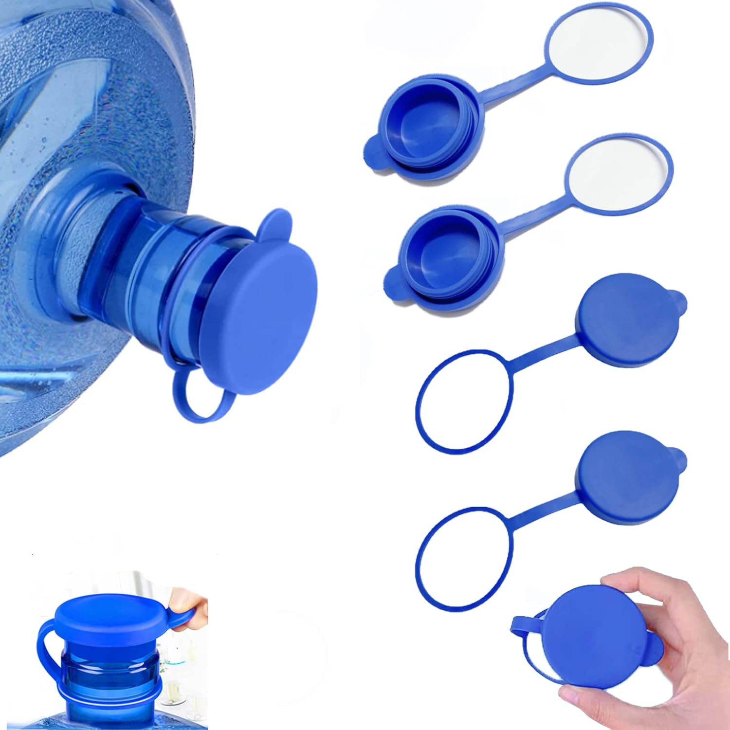 5 Gallon Water Jug Cap, 4PCS Silicone Leak and Spill Resistant Replacement Caps Plug, 5 Gallon Jug Lid for 55mm Water Bottles Plug, Reusable No Spill Top Lid Cover with Hanging Ring Plug
