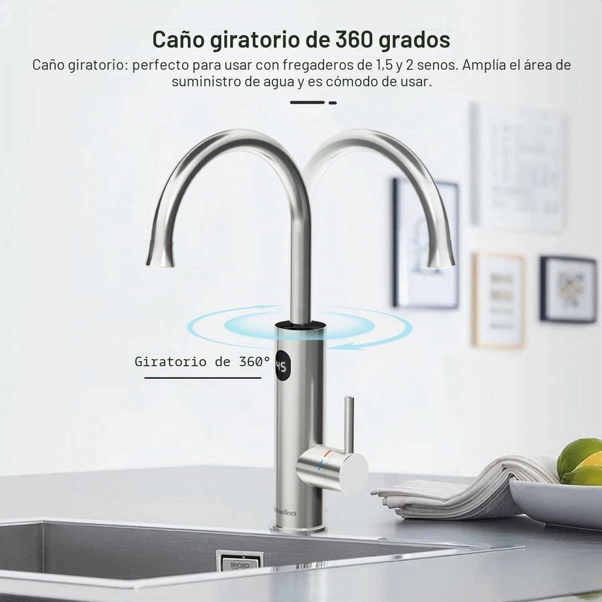 Grifo eléctrico con calentador de agua (220 V, rotación de 360° y pantalla digital, grifo de agua caliente con boquilla universal (plata)