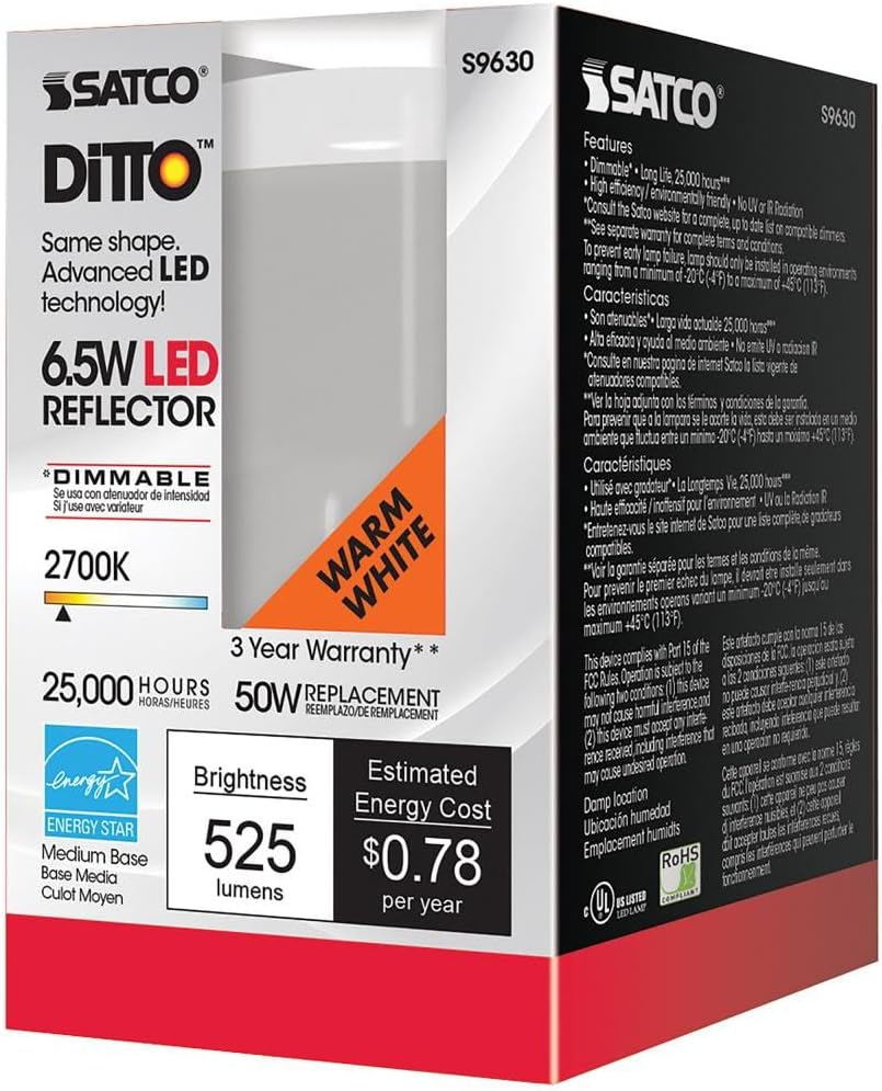 Satco 6.5 Watt LED Reflector Light Bulb; R20; 2700K Warm White; 525 Lumen; 120 Volts; Dimmable (6 LED Light Bulbs)