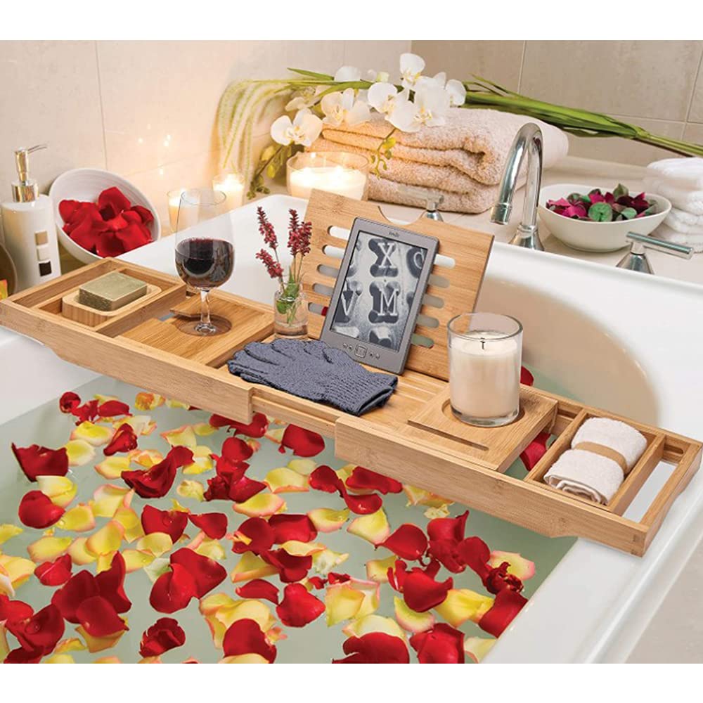 Pont de Baignoire Extensible Bambou,Plateau de Rangement Baignoire Expérience de Spa,2 en 1 Plateau en Bambou Naturel de Baignoire/Lit,avec Support pour Verre à Vin,Livre et Tablette