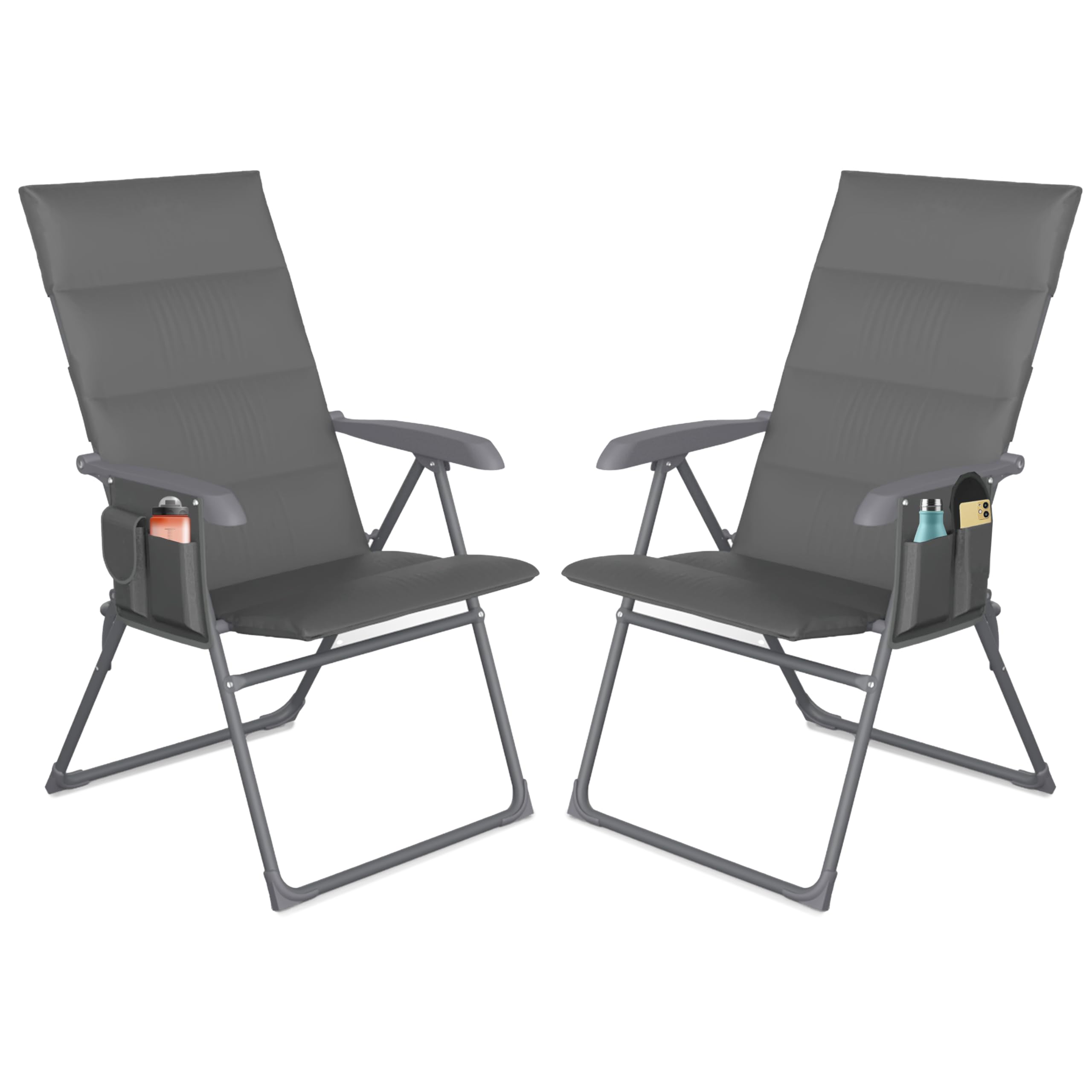 EPISENT Premium Reclining Garden Chair – 2 Pcs GREY 5-Position Foam Padded Folding SunLounger with Side Pocket, Outdoor Patio Camping Relaxing Chairs, Portable Folding Recliner, Holds 120 kg