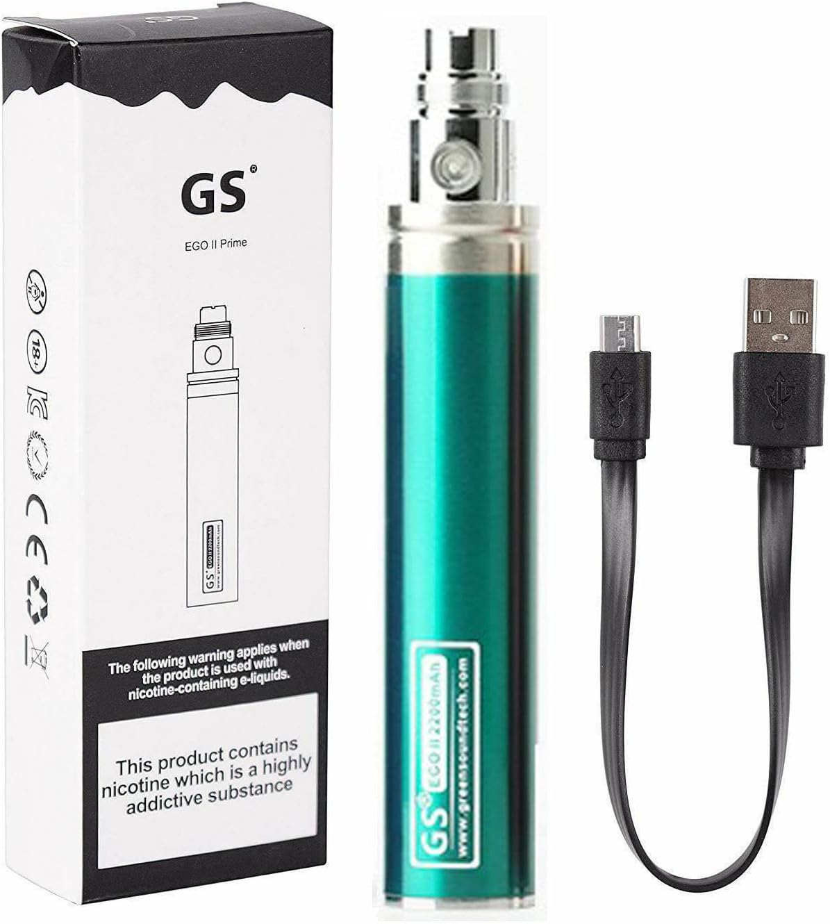 GS EGO II Prime 2200mAh E-Cigarette Vape Battery with Micro USB Charger 510 E-Shisha No Nicotine (Green)