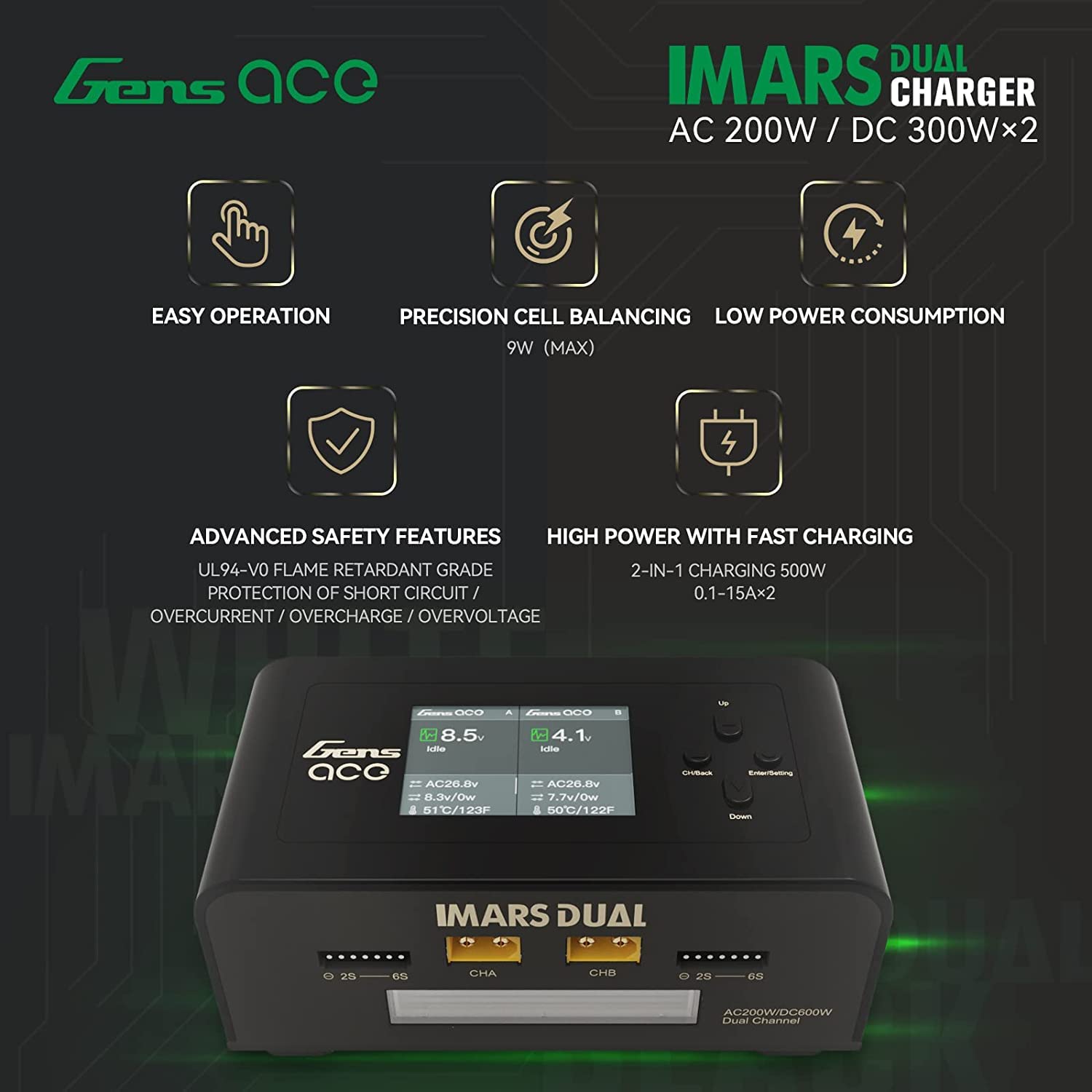 Gens Ace Caricabatteria Imars Dual Channel AC/DC,15A Charge Rate,100V-240V Voltage,per Ricaricare la batteria dell'auto FPV Drone RC (Nero)