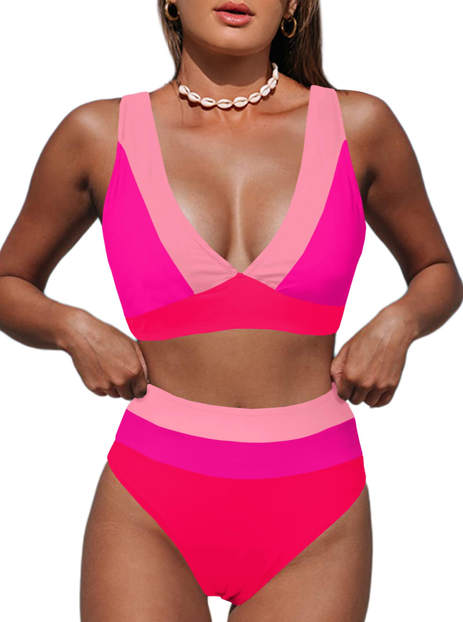 Hilinker Women's Leopard Bikini Swimsuits V Neck High Waisted 2 Piece Bathing Suits