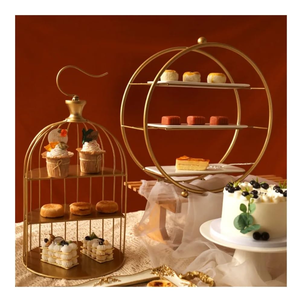 Présentoir à Gâteau Support à gâteaux luxueux doré, support à desserts de mariage, thé de l'après-midi, cage à oiseaux, présentoir en métal, plateau à gâteaux multifonctionnel Stand de Gâteaux