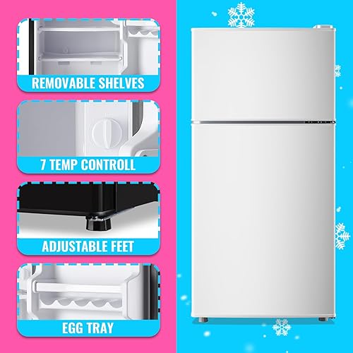 Miniatura 4 de Mini refrigerador retro con congelador, refrigerador pequeño de doble puerta tamaño apartamento con bandeja para huevos, refrigerador dormitorio con