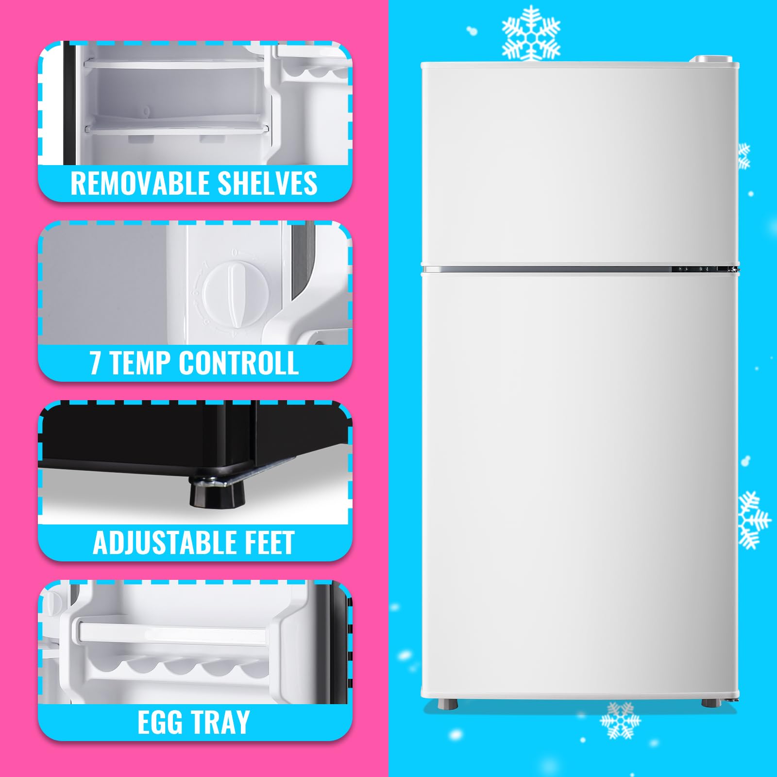 DEMULLER Retro Mini Fridge with Freezer Dual Door Apartment Size Small Refrigerator with Egg Tray, Dorm Fridge with Removable Plastic Shelves, 2.4Cu.ft, 14.96" D x 14.57" W x 30.8" H, White on Fridge.com