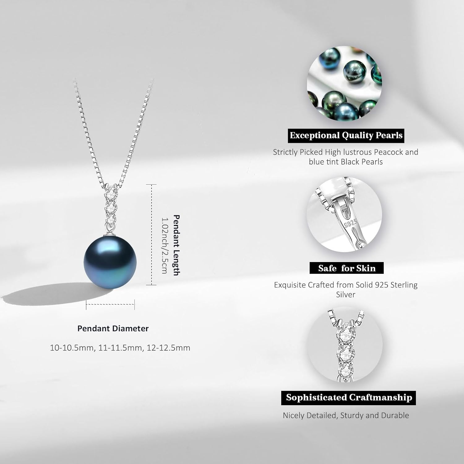 YAMI Black Tahitian Pearl Pendant Necklace, 11-13mm Saltwater Cultured Round Pearls, 925 Sterling Silver with 18+2IN Adjustable Chain – Elegant Luxury Jewelry Gift for Women - Image 4