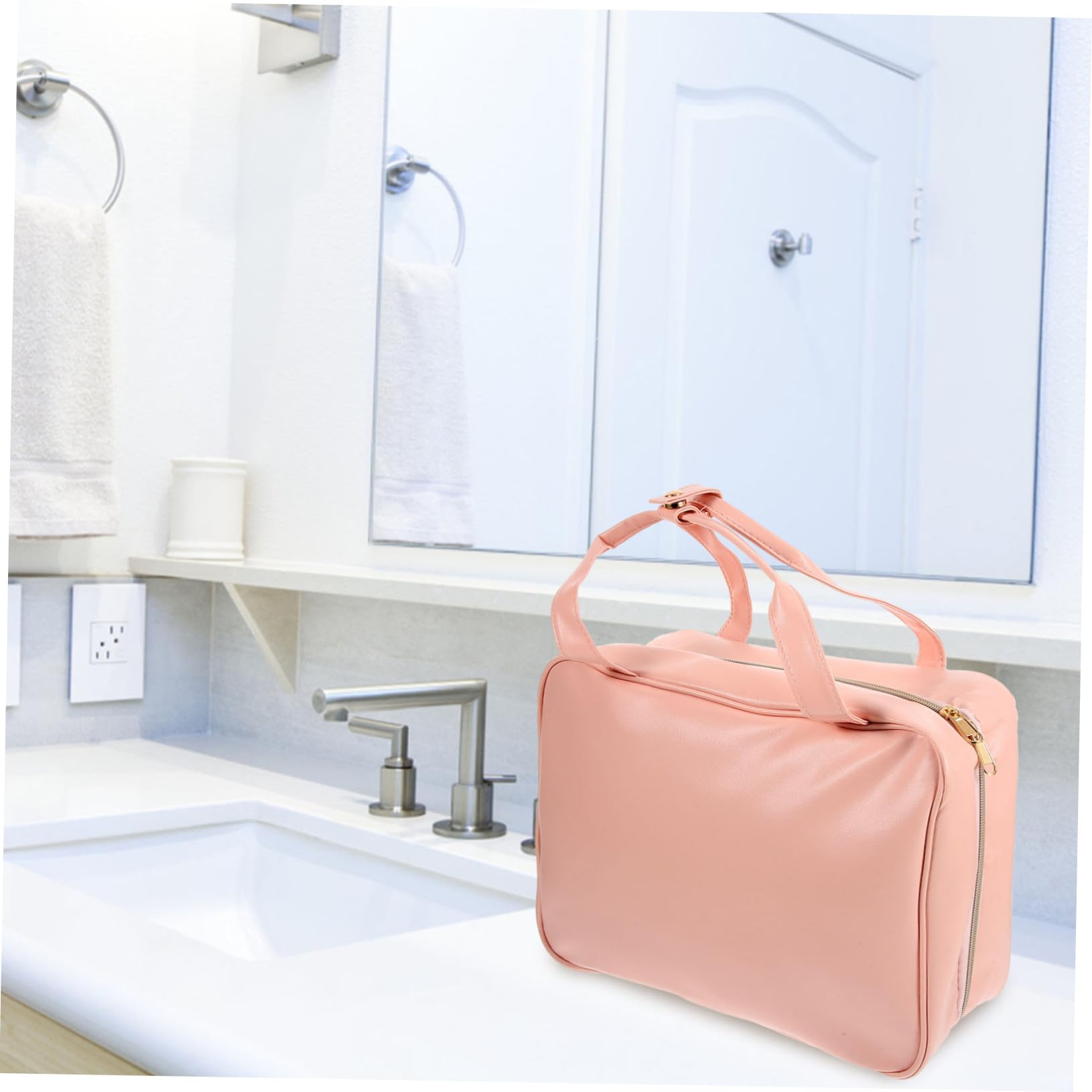 Borsa da Toilette con Gancio Portatile in PU Pelle Organizer Multiuso per Viaggio Donna Ampia Capienza con Manico per Cosmetici e Articoli da Bagno