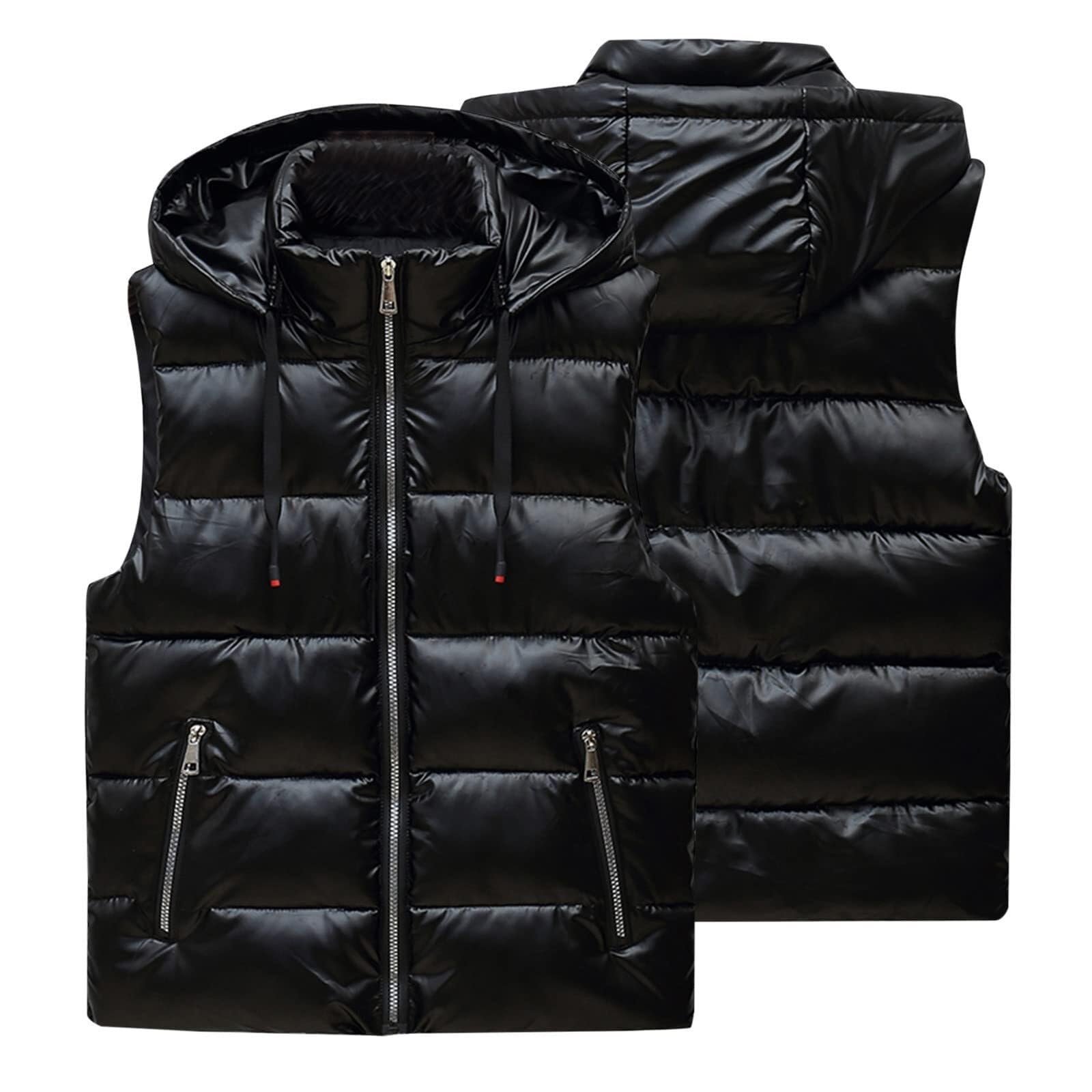 Ciepła Kamizelka Outdoorowa Męska Błyszcząca Kamizelka Puchowa Zimowa Ciepła, Wyściełana, Zapinana Na Zamek Pikowana Z Kapturem, Bez Rękawów Bodywarmer