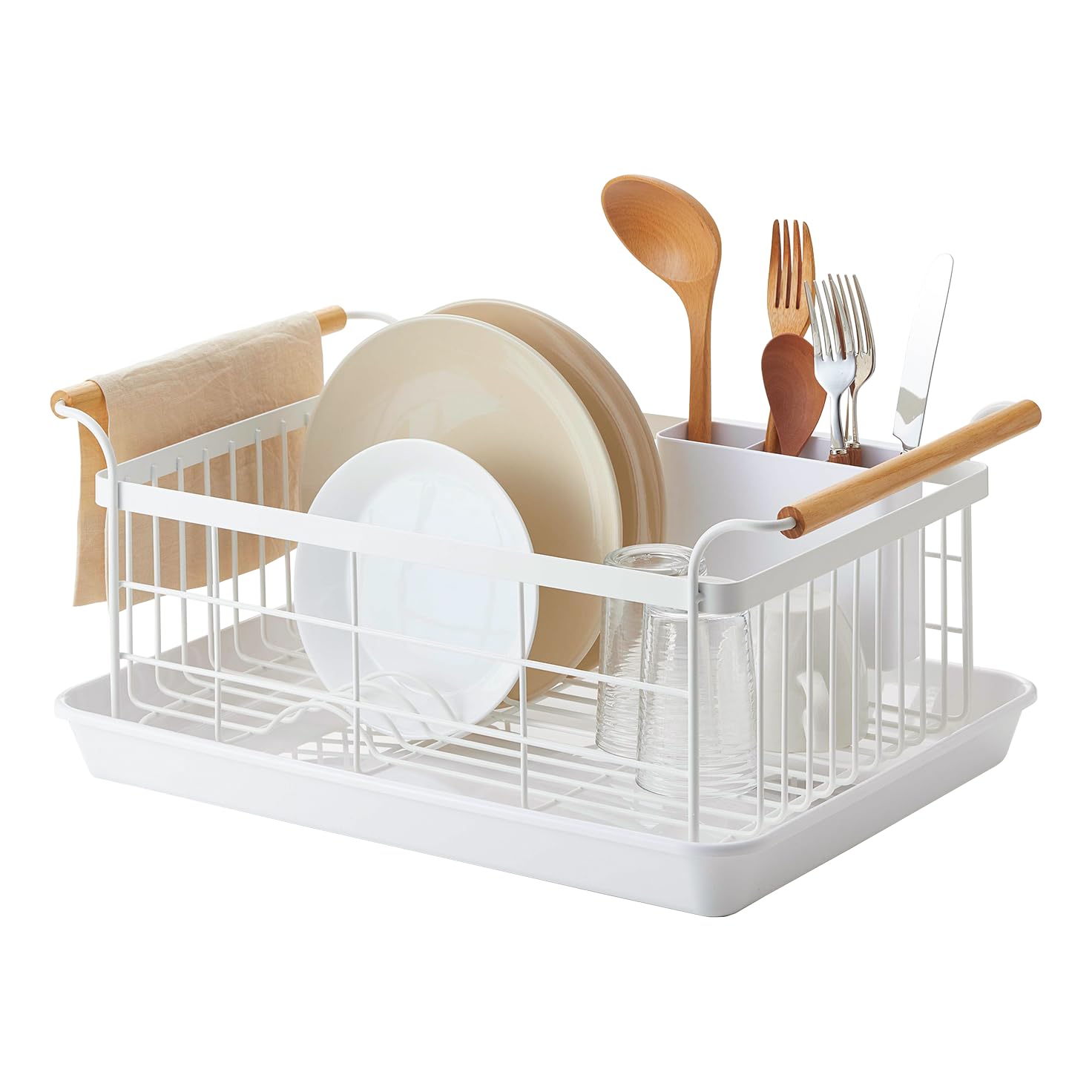 YAMAZAKI Home Dish Drying Rack – Modern White Dish Rack for Kitchen Counter with Removable Drainer Tray and Cutlery Holder, Steel + Wood Dish Drying Organizer - Steel + Wood -