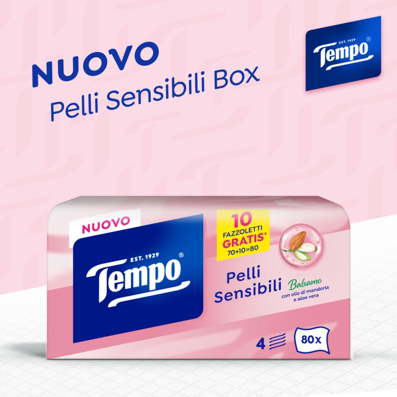 Tempo Fazzoletti Box Pelli Sensibili - 4 Veli - 12 Confezioni da 80 Fazzoletti, 960 Fazzoletti, con olio di mandorla e aloe vera