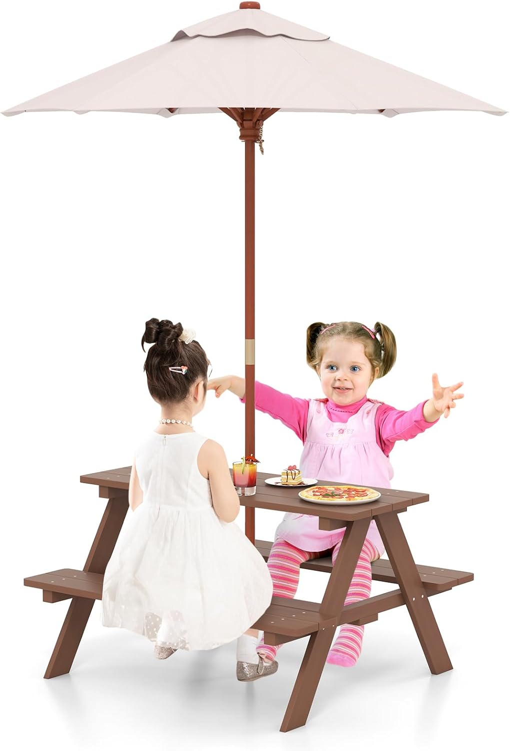 GLACER Kids Picnic Table, Toddler Table and Chair Set with Umbrella, Wooden Activity Table with Benches, Dining Table for Indoor, Kids Outdoor Table for Patio Garden Backyard, Gift for Boys Girls