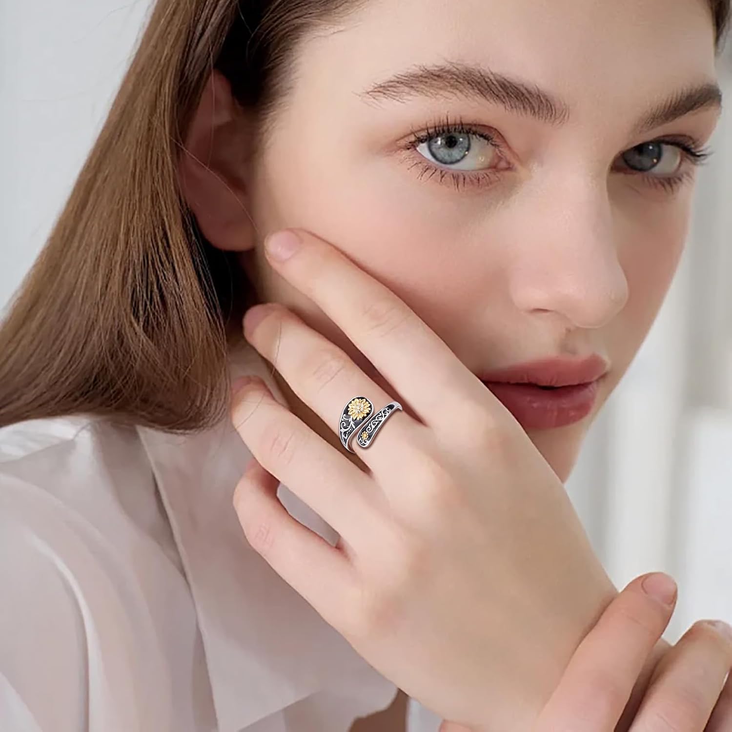 FLYOW Sterling Silver Sunflower Spoon Ring Victorian Style Boho Antique Flower Adjustable Open Ring Retro Statement Cubic Zirconial/Turquoise/Oxidized Thumb Rings for Women Birthday Christmas Jewelry