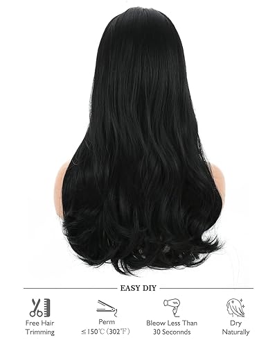 Miniatura 5 de Peluca larga negra con flequillo, peluca natural ondulada morena para mujer, resistente al calor, pelucas de pelo sintético de fibra para uso