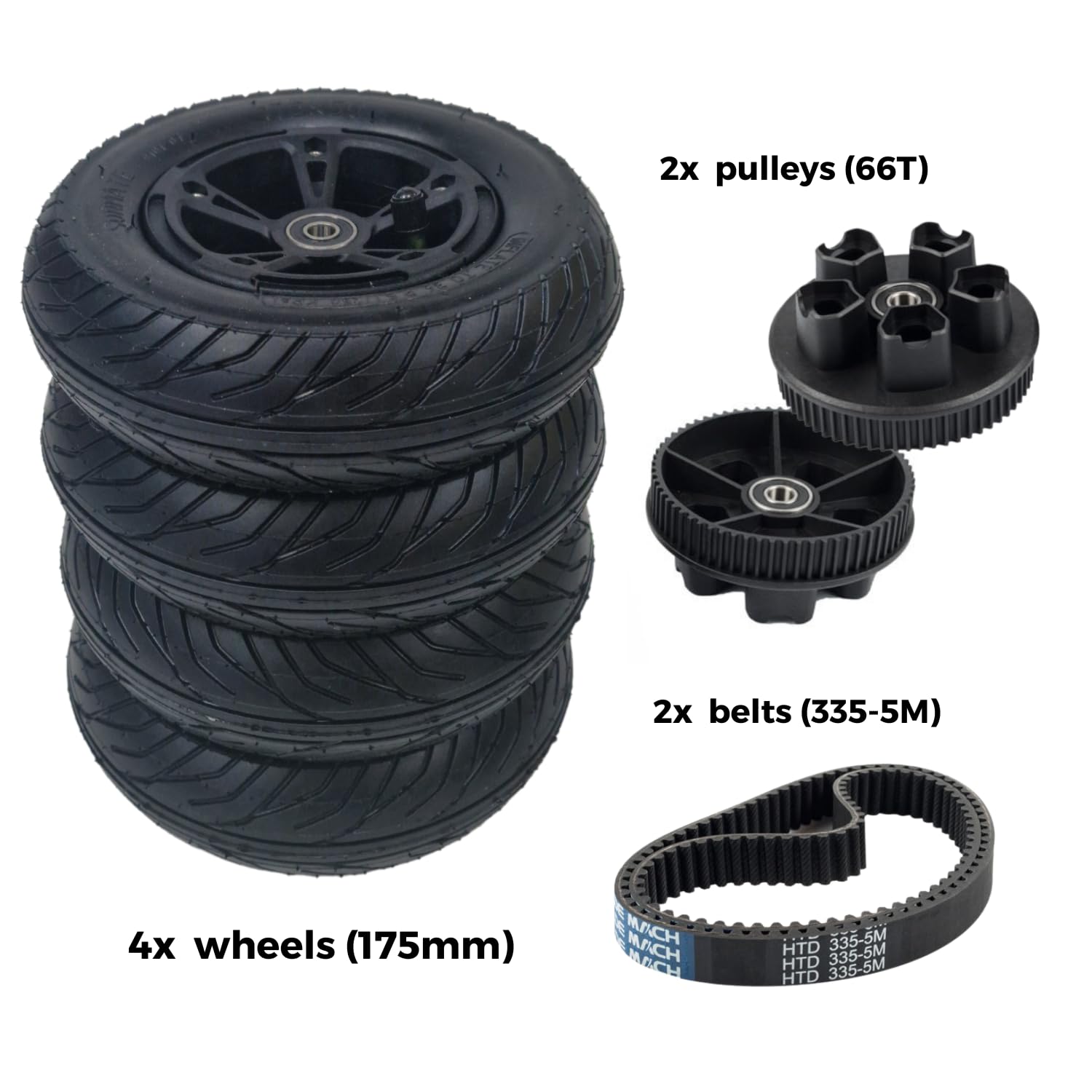 175mm Off-Road Pneumatic Electric Skateboard Wheels Kit - 4 Wheels, 2 Pulleys (66T), 2 Belts (360-5M), 2 Extra Tubes, Standard Skateboard Bearing Diameter 8mm, Fits 2in1 Electric Longboards