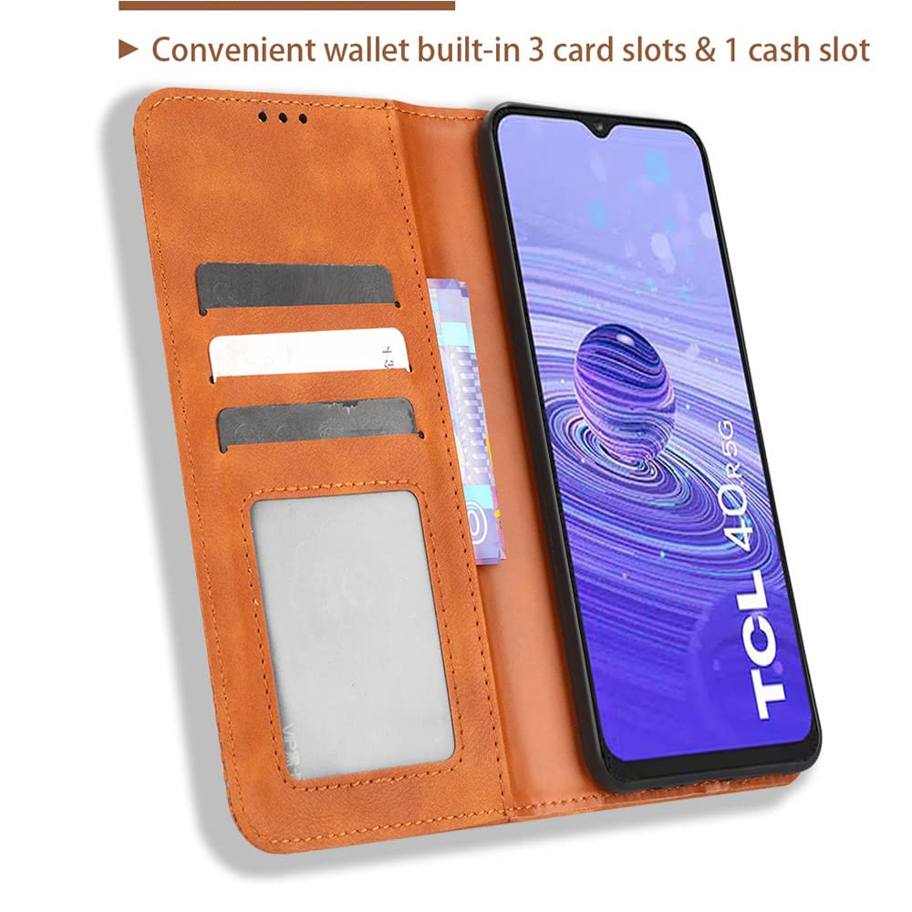 BORYA Cover per TCL 40R 5G, Premium PU Pelle+TPU Antiurto Silicone Folio Flip Custodia, Portafoglio Supporto Slot Schede Magnetica Chiusura Blocco RFID, Marrone