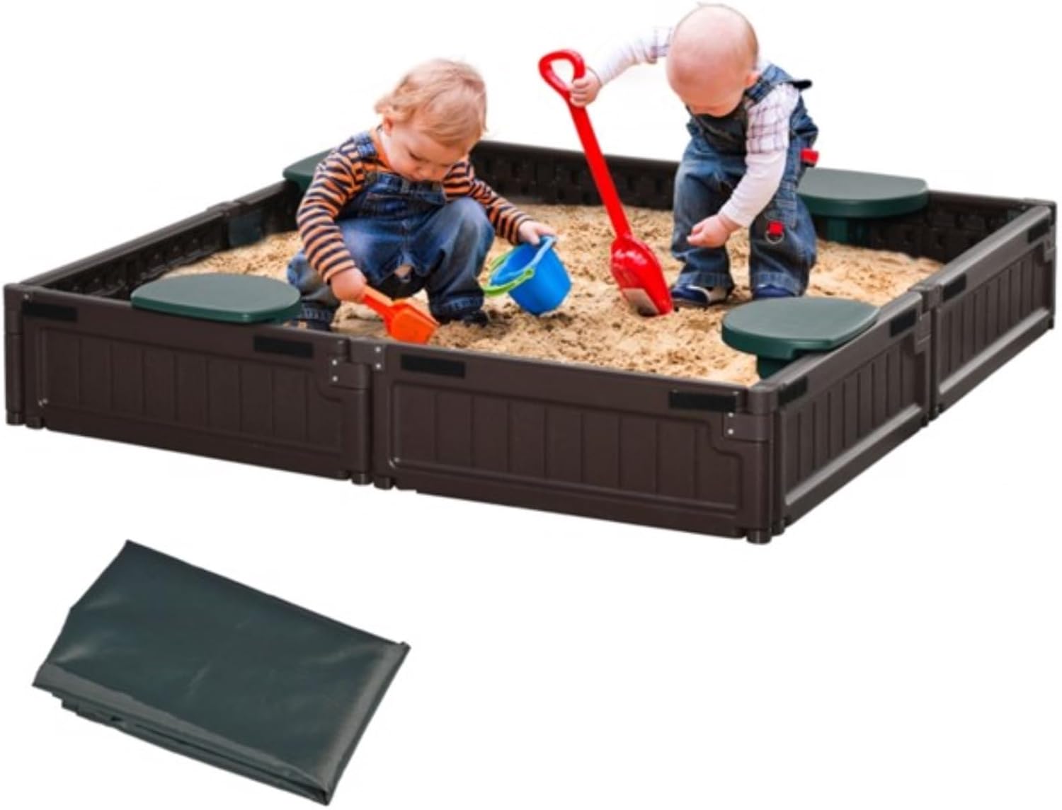 Square Sandbox, Children's Sandbox, 4 Semicircular Seat Plates, Oxford Cloth Cover, Polished Smooth Surface, Made of High-Density Polyethylene, Suitable for Children Aged 3-12, Chocolate Brown