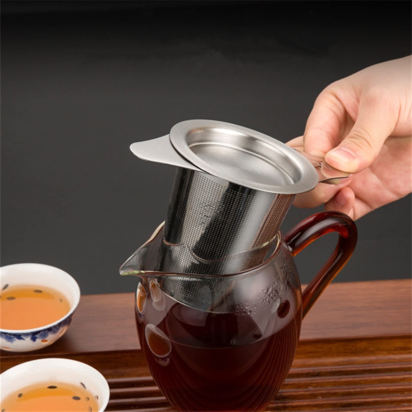 Colador de té de doble mango con tapa, filtro de malla de acero inoxidable, filtro de tetera suelta para condimentos de té