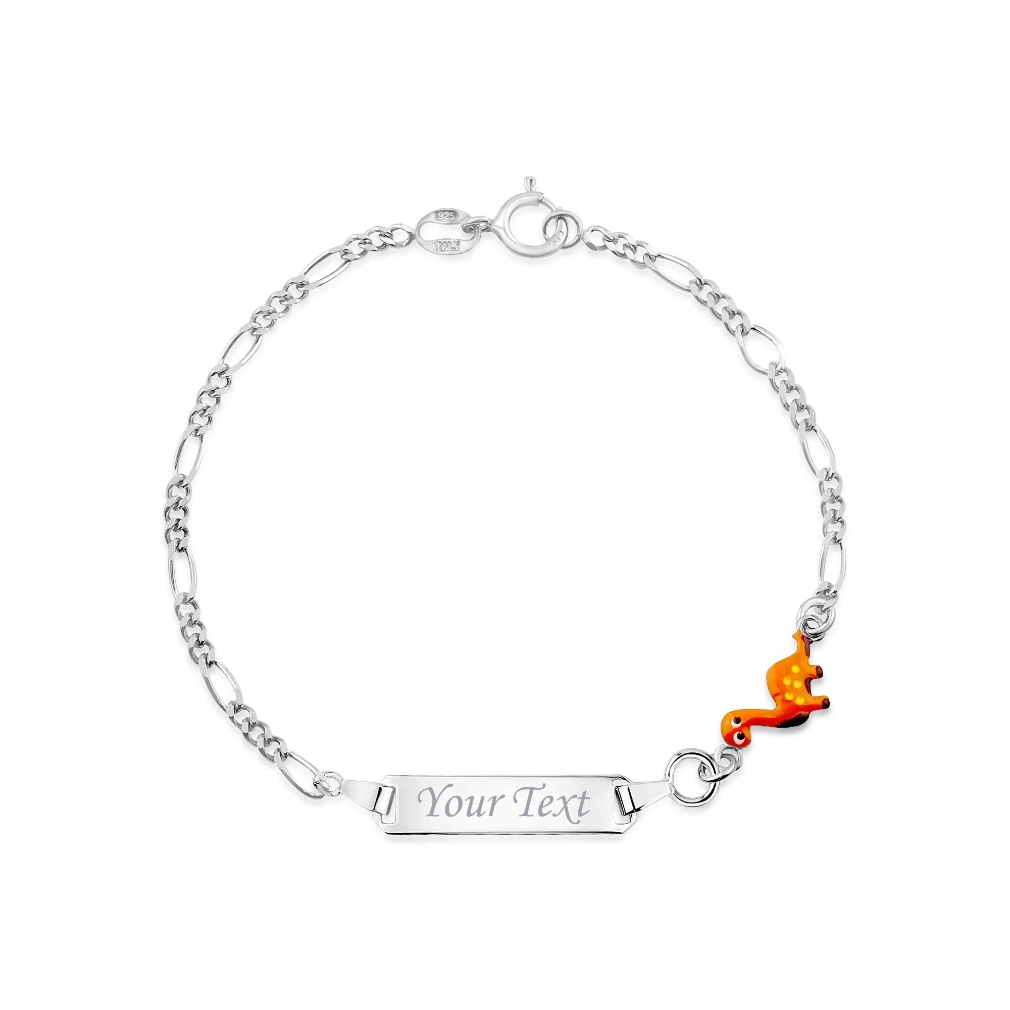 UNICORNJ 925 Italy Sterling Silver Child or Baby Name Bracelet Girls Boys, Personalized Engraved Kids ID Bracelets, 6.5" Figaro Chain, Enamel Charm Newborn Infant Toddler Kid Jewelry