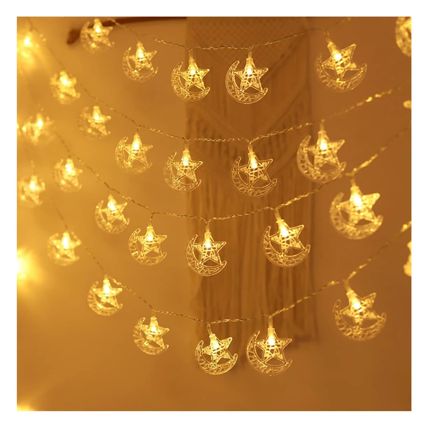 [3m 30LEDs] Hugewth Ramadan Decorative Lamp,Diwali String Light, 3 Pieces Battery Operated Moon Star Lamp,30 LEDs, Ramadan Decorations for Room Outdoor Decor (Warm white)