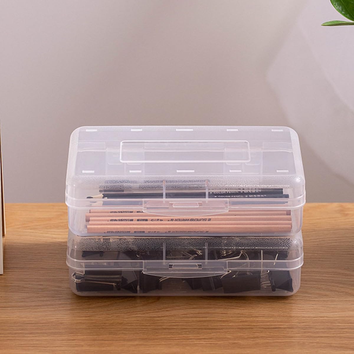Contenitore per Cancelleria Trasparente in Plastica Astuccio Portapenne Impilabile 6 Pezzi Coperchio Rapido Organizzatore Penne per Studenti e Insegnanti