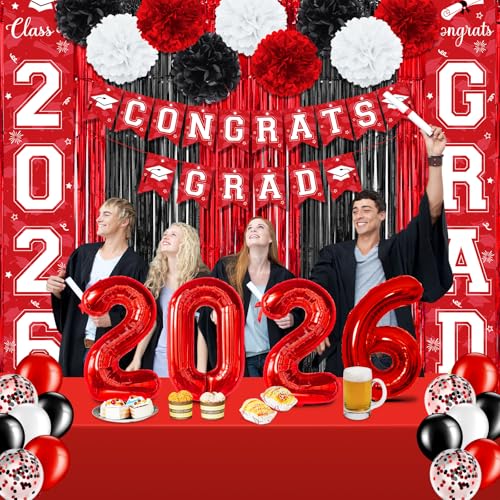Image of Graduation Party Decorations Class of 2026, Graduation Decorations with Congrats Grad Banner Fringe Foil Curtain Paper Flower Ball Balloons for High School College Grad Party Supplies, Red