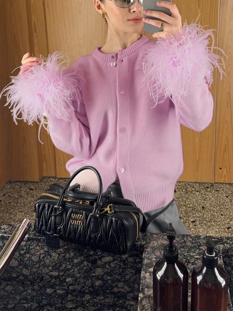 Women Feather Trim Fall Winter Knit Cardigan Y2k Button Down Long Sleeve Cropped Fur Jacket Holiday Rave Sweater Tops - Image 2