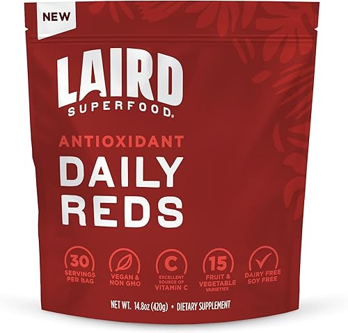 Laird Superfood Polvo antioxidante de rojo diario, mezcla de lucha contra radicales libres, vitamina C, manganeso, 2 porciones de frutas y verduras