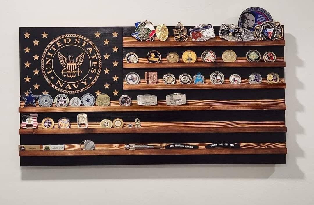US Navy American Challenge Coin Holder Display, Wooden Shelves hold 90-100 Coins, for Military, Police, Law Enforcement, First Responders, Custom Handmade Quality, Made in Texas