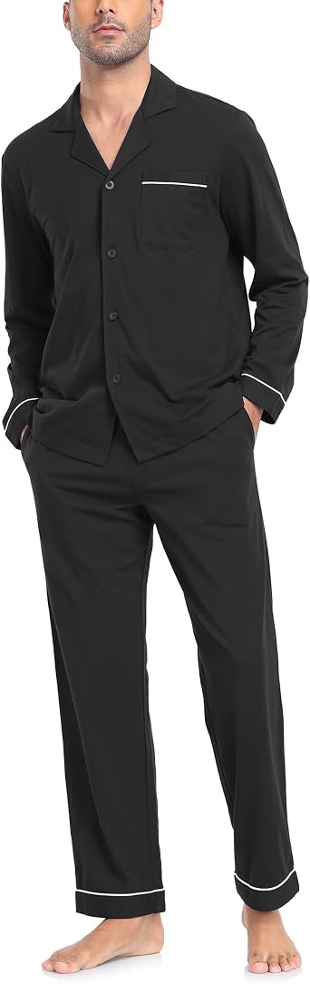 CF Mens Pajamas Set 100% Cotton Sleepwear Button Down Pj Sets Long Sleeve Lounge Set Soft Nightwear with Pockets & Front Fly