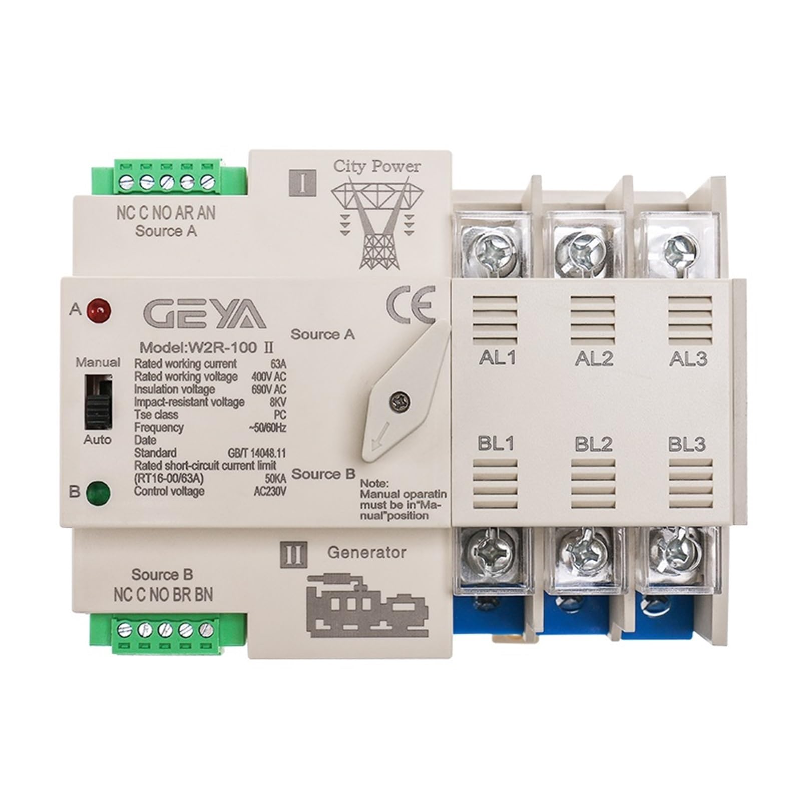 Commutateur de transfert automatique W2R ATS évitez les coupures d'électricité 3P 220V 63A