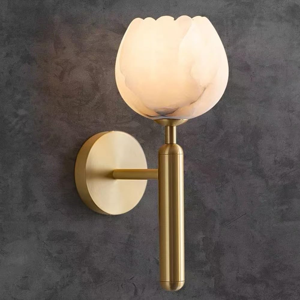 HPTHLY Mid Century Alabaster Flower Wall Sconce - Brass Bathroom Vanity Light Fixture, E14 Hardwired, Ideal For Living Room, Bedroom, Hallway, Kitchen, Dinin