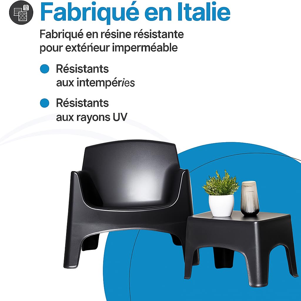 Tomaino - Fauteuil d'Extérieur Ibiza XL en Plastique - Chaise de Jardin Empilable Noir - 79 x 74 x 70 h cm
