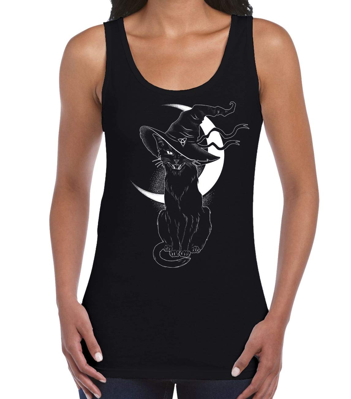 Tribal T-Shirts Women's Black Witches Cat With Hat Halloween Tank Vest Top (Small, )