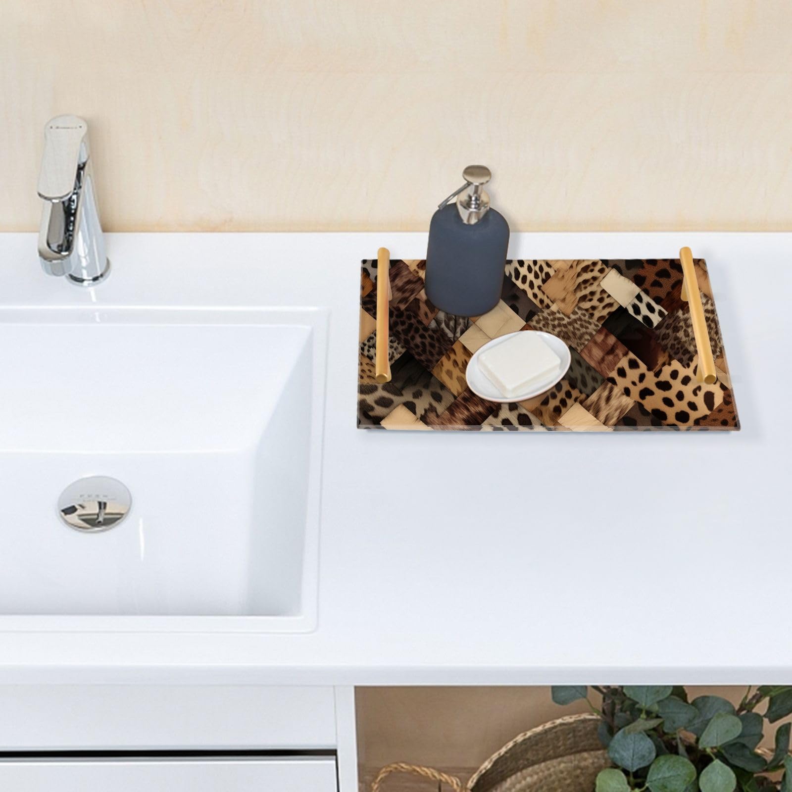 Bathroom Tray for Countertop Decorative Acrylic Vanity Tray Makeup Perfume Organizer Serving Tray 7.87 x 11.81 inches, Patchwork Leopard Print Print
