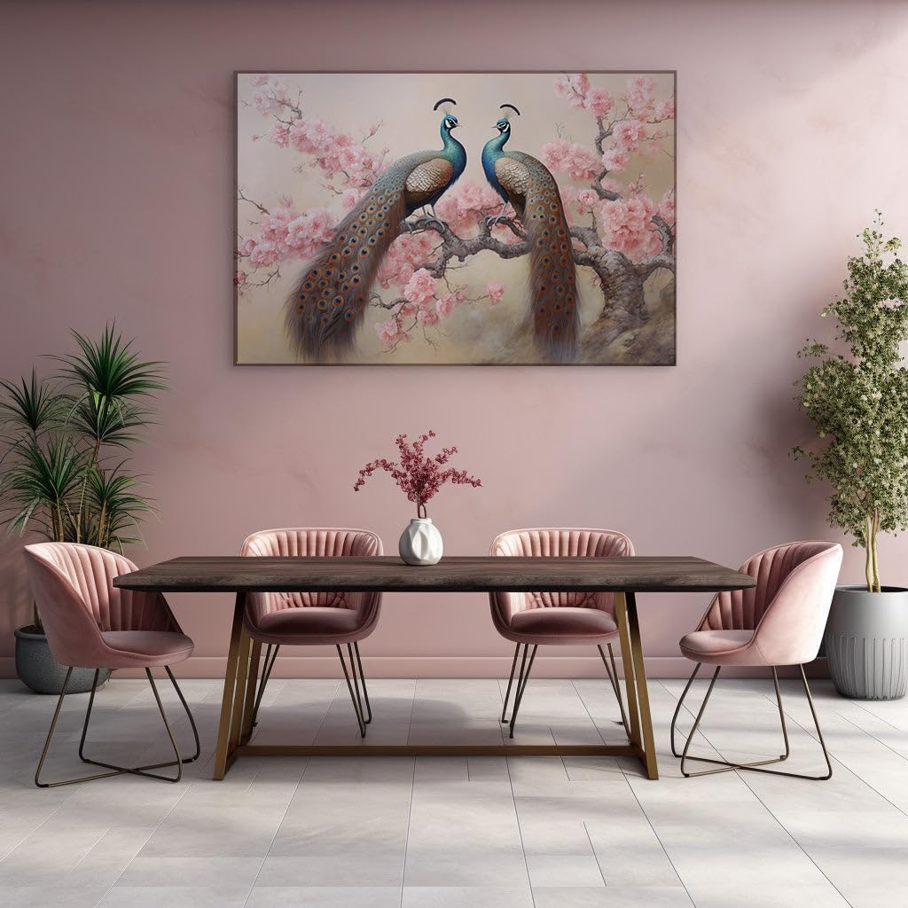 Canvas for Living room. Peacock Elegance Amidst a Blossoming Bower, 27 x 18 inch Canvas Wall Art - Contemporary Masterpieces - Modern Home Decor - 69x46 cm (27x18 inch)