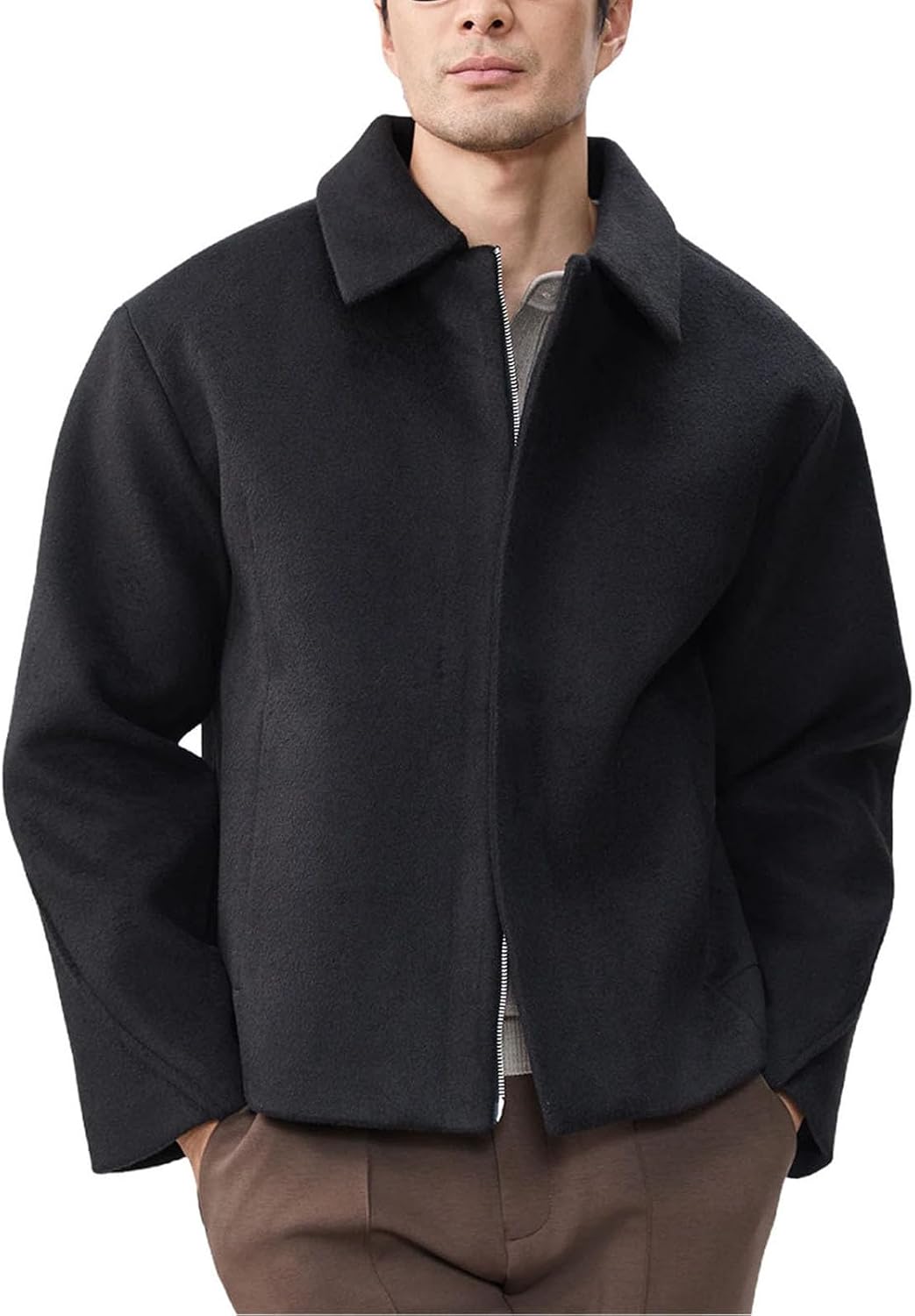 Mens Winter Double Zipper Woolen Jacket Thickened Warm Casual Lapel Silhouette Short Wool Blends Coat