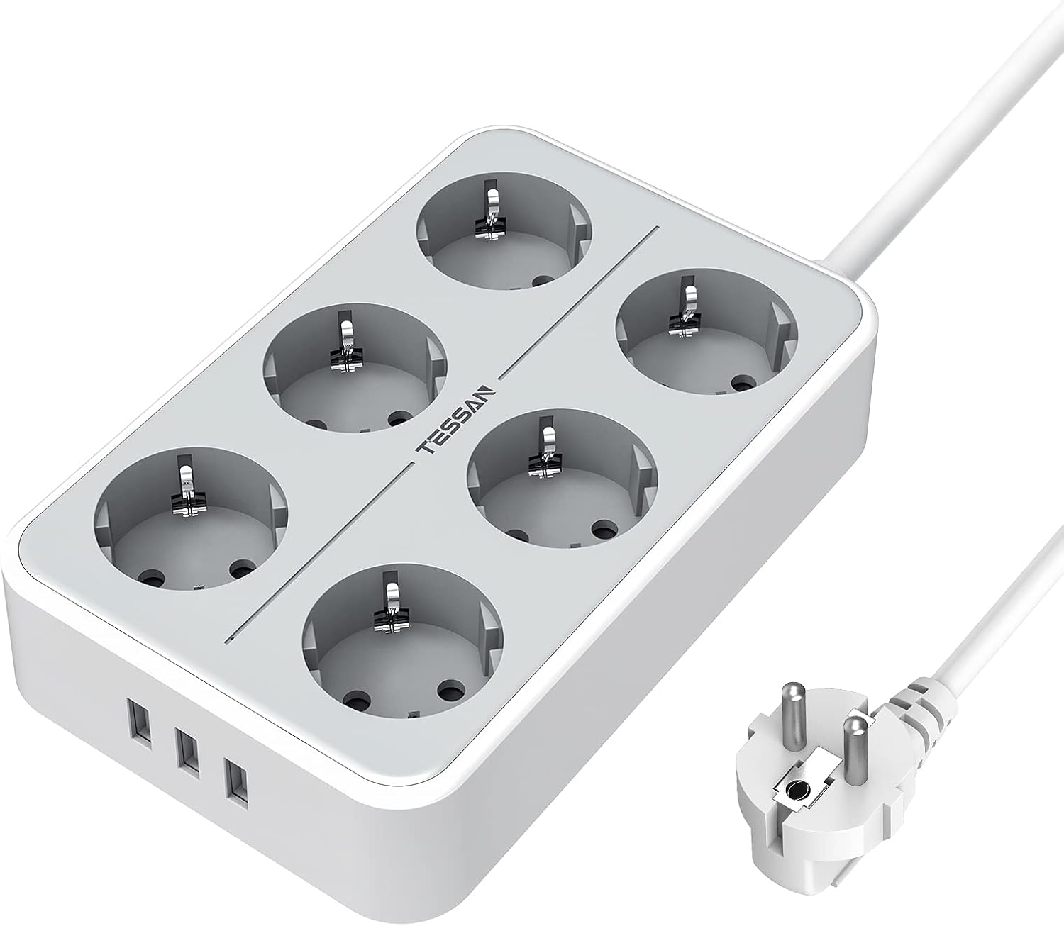 TESSAN Regletas Enchufes con USB, Multiple Regletas de 6 Enchufes y 3 USB, Alargador Regleta Enchufe con Interruptor para Hogar y Oficina, Cable 2m, Blanco y Gris