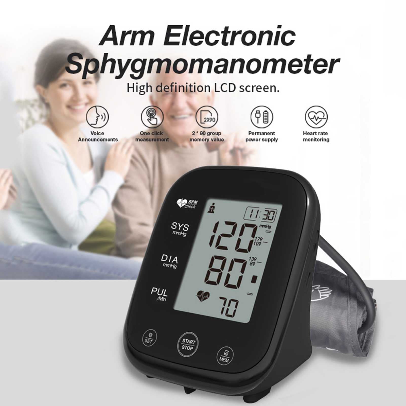 Precyzyjny elektroniczny sfigmomanometr, 2 * 99 grup danych pamięci, duży ekran LCD HD, monitorowanie tętna, automatyczny ciśnieniomierz domowy