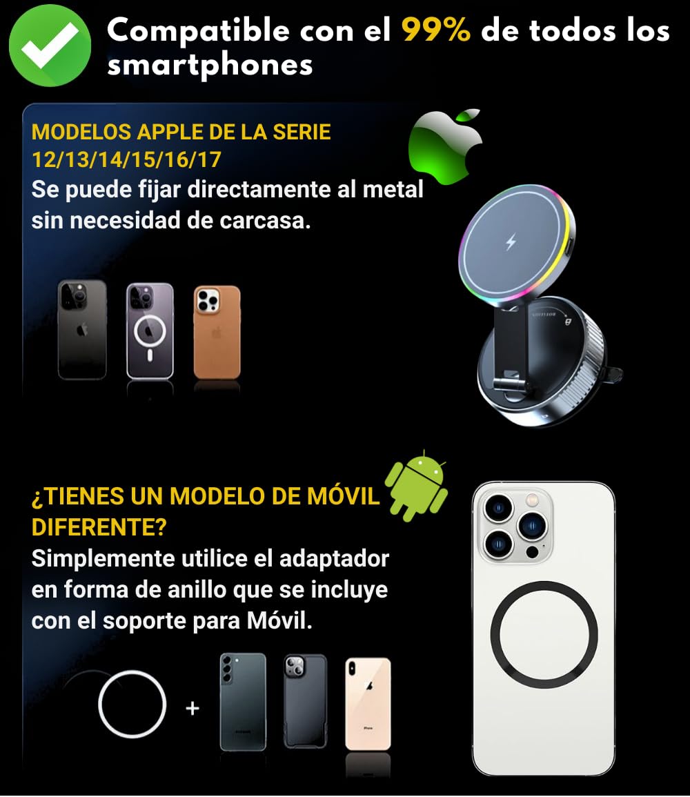 MagAxis Lumen Soporte Movil Coche Magnetico Compatible con MagSafe【Super Imanes N52】Luces LED【360° Rotación, Carga Inalámbrica y Fijación Ventosa】para iPhone 17 16 15 14 13 12 Pro Max Accesorios Coche