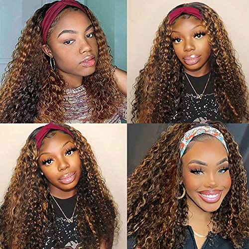 Image of XSY Deep Wave Headband Wig Human Hair Ombre Highlight 4 /27# Curly Headband Wig Glueless Brazilian Virgin Human Hair Wigs for Black Women 150% Density 12 Inch