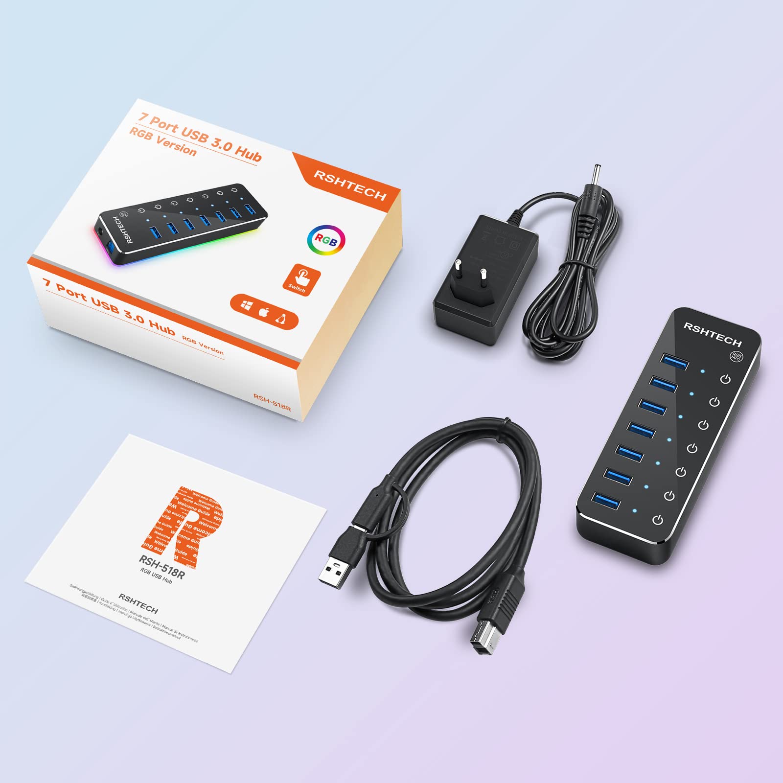 RSHTECH RGB USB 3.0 koncentrator aluminiowy 20 W USB Hub Active 3.0, 14 trybów oświetlenia RGB i zasilacz 5 V/4 A, RSH-518R"