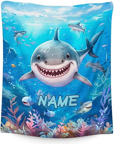 Miniatura 7 de Manta personalizada con nombre de tiburón  Suave, mullida y cálida  Manta pequeña de 40 x 30 pulgadas para oficina, silla, bonita manta azul, regalo