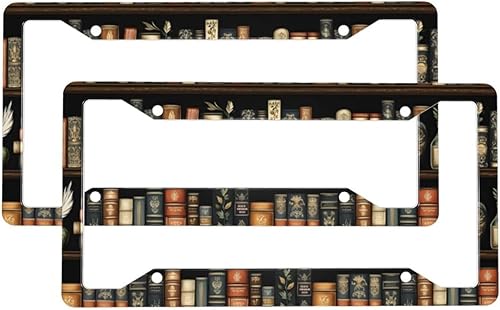 2 Pcs Car License Plate Frames for Women Men - Vintage Bookshelf 1 Print Solid Aluminum License Plate Cover for Car Accessories for Women Men with