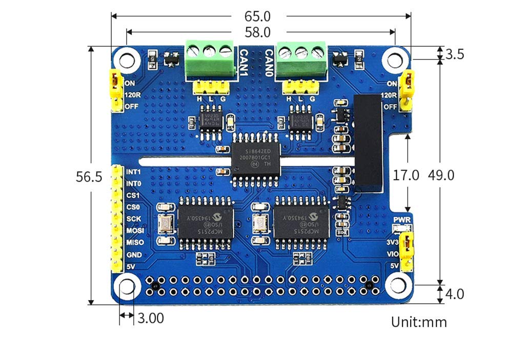 MCP2515 SN65HVD230 2-Channel Isolated CAN Bus HAT for Raspberry Pi, 3.3V/5V Jumper, 120Ω Resistor