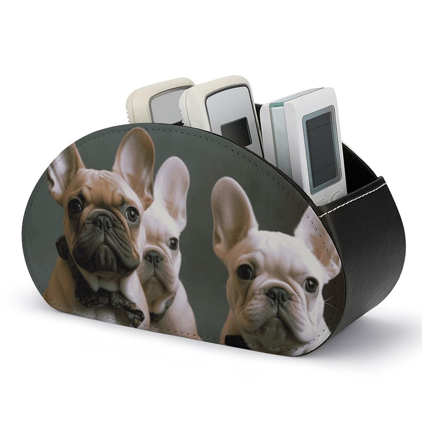 VstaDank French Bulldog Puppies Remote Control Holder with 5 Compartments PU Leather Remote Caddy Desktop Organizer Store TV Remote Control Storage Box for Home Office Desk Nightstand