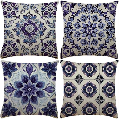 Funda Cojin Púrpura Paquete de 4 65x65cm Bohemia Cojines para Sofa Fundas de Cojín Cuadradas Fundas de cojín de Lino con de dos Caras Estampado para Sofá, Estar, Dormitorio, Festival Regalo XW-174