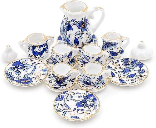 Odoria 112 - Juego de tazas de té de chintz de porcelana azul en miniatura 15 piezas accesorios de comida de cocina